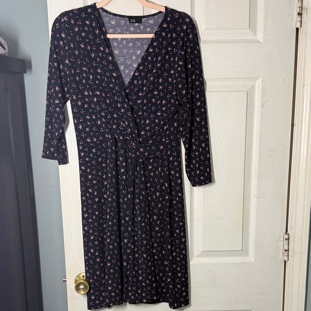Muse Navy Wrap Midi Dress with Pink Floral Dot